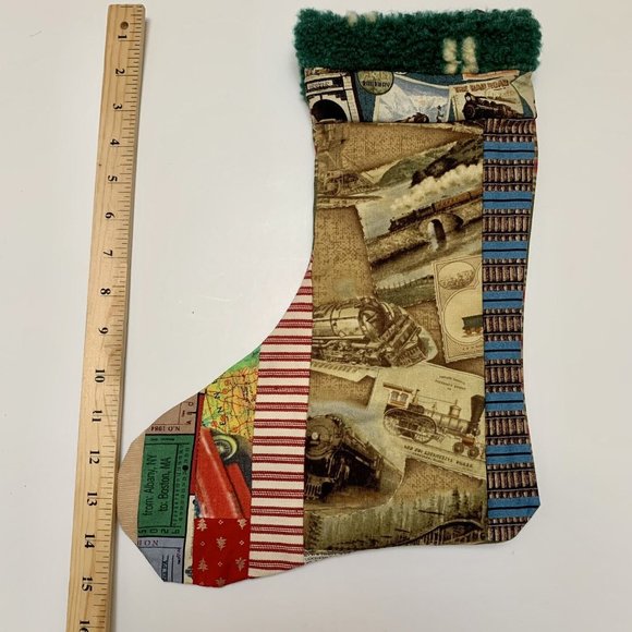 Christmas Stocking Quilted Patchwork Fabric Train Travel NEW 15” Handmade - Picture 4 of 4